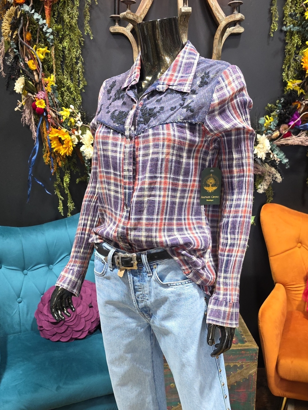 Free People Purple Red Plaid Button-Down Shirt with Embroidered Yoke